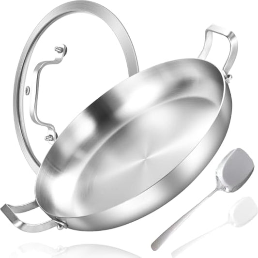 Inqibee 30 CM Tri-Ply Stainless Steel Paella Pan with Lid,Induction Cooking Frying Pan,Even Heating and Oven Safe
