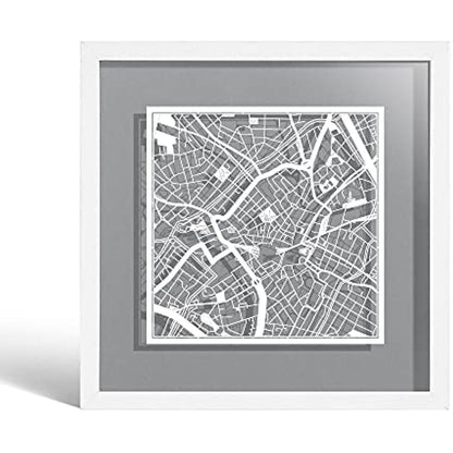 O3 DESIGN STUDIO Birmingham Paper Cut Map framed, White map, White frame, 23x23 cm, Gift Boxed, 4 background color, self-changing, Paper Art