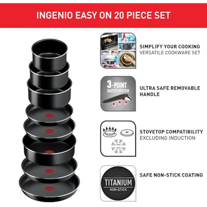 Tefal Ingenio Easy On 20 Piece Set, Pots & Pans Set, Stackable, Easy Cleaning, Non-Stick Coating, Removable Handle, Heat Indicator, All hobs Compatible excluding Induction, L1599402