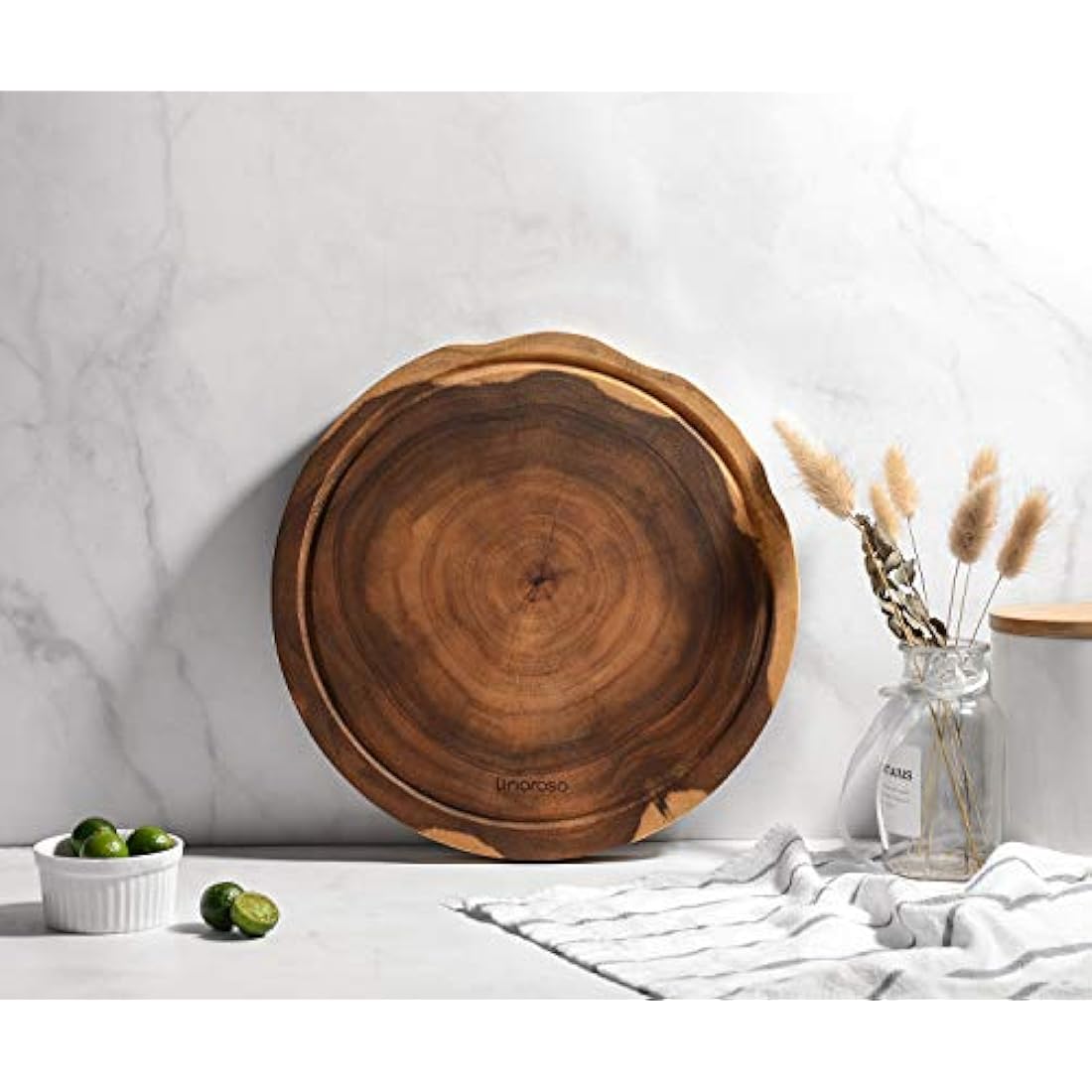 Linoroso Chopping Board Wooden Cutting Boards for Kitchens Round Non-Spliced Acacia Wood with Juice Trough Double-Sided Usable Anti-Slip Cut Resistant Anti-Bacterial - 30cm Diameter