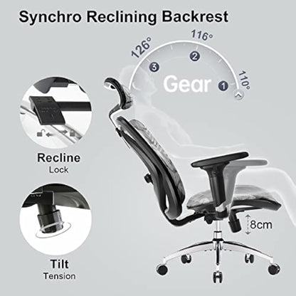 SIHOO M57 Ergonomic Office Chair Mesh Desk Chair with Adjustable Lumbar Support 3D Armrests Breathable High Back Computer Chair (Grey)