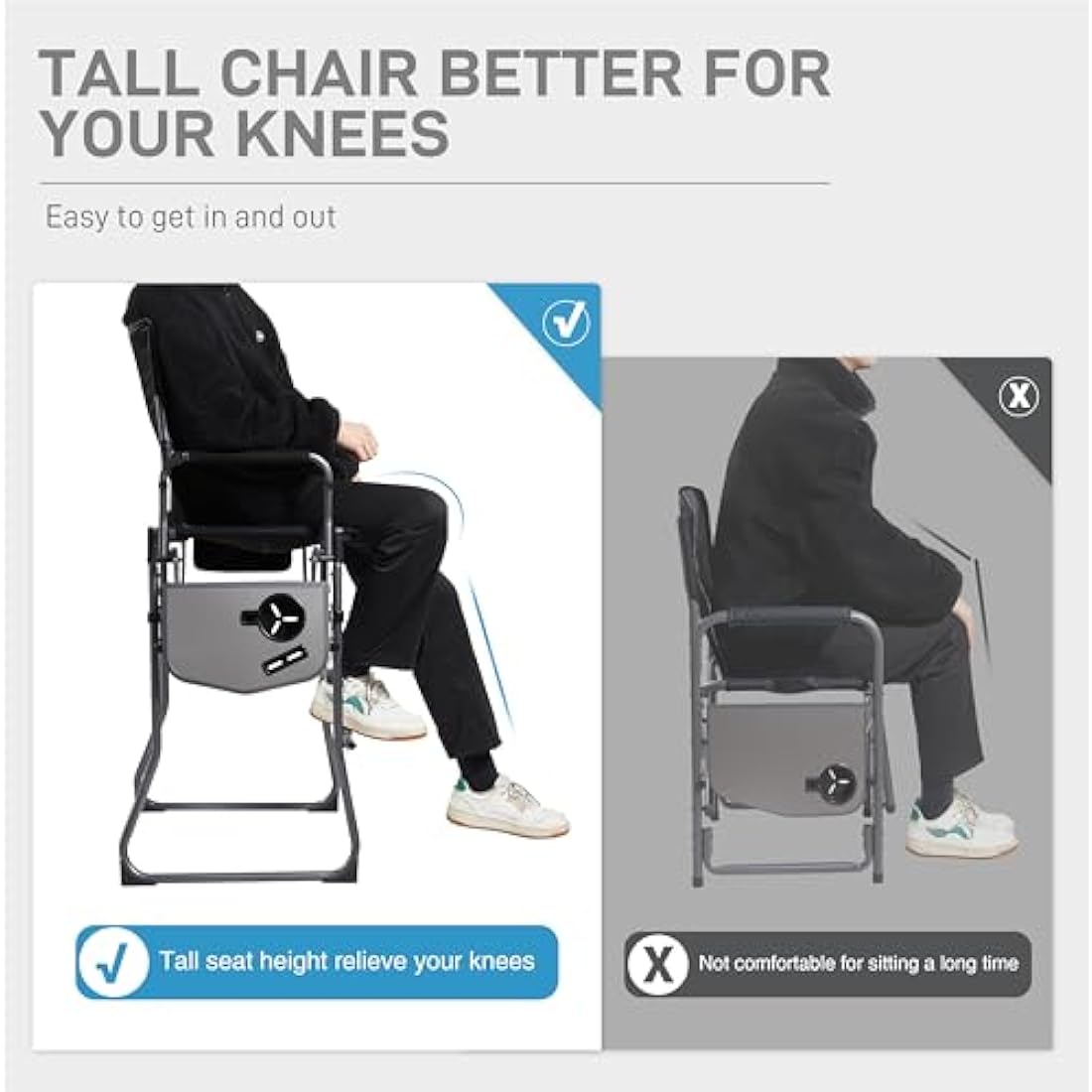 EVER ADVANCED Portable 76CM Seat Height Tall Folding Camping Chair Directors Chair High Foldable Bar Stool with Side Table for Makeup Artist, Sports Event, Craft Show, Supports 160KG Black Grey
