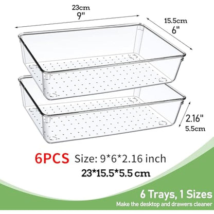 Giklux 6 Pcs Clear Kitchen Drawer Organiser Trays, Acrylic Desk Drawer Dividers Organisers for Cutlery, Kitchen, Cosmetics, Makeup, Utensils, Vanity, Office, Stationery, Plastic Draw Storage Organiser