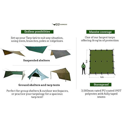 DD Hammocks Tarp 4x4 - Large Weatherproof Tapaulin for Group Camping and Outdoor Bushcraft Shelter