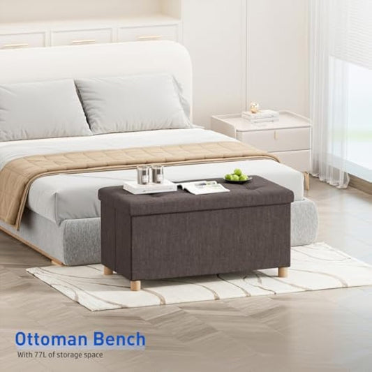 BRIAN & DANY Ottoman Storage Box with 4 Wood Legs, Linen Storage Ottoman for Living Room, Brown, 76 x 38 x 38 cm