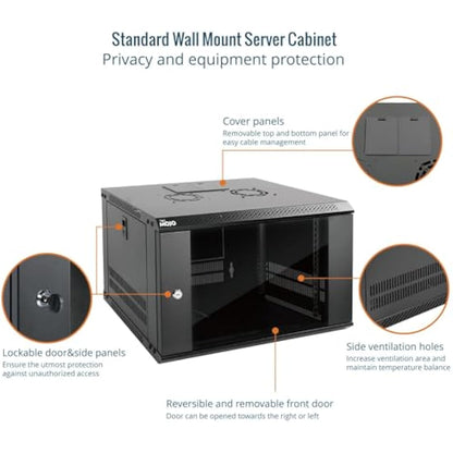 Tecmojo 6U 450mm Deep Wall Mount Server Cabinet IT Network Rack Enclosure, Lockable Door and Side Panels Black, Standard Glass Door, for 19” IT Equipment, A/V Devices, Flat Package