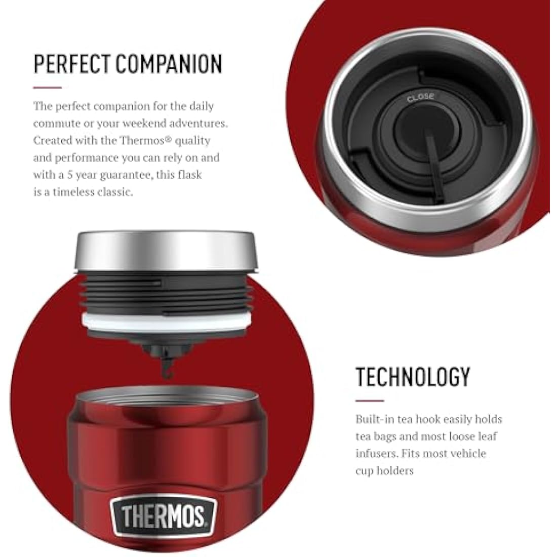 Thermos Stainless King Travel Tumbler & Multi- Purpose Flask- 470ml Insulated Hot & Cold Water Bottle for Daily Commute & Weekend Adventures - Sleek Design in Red, 5-Year Durability