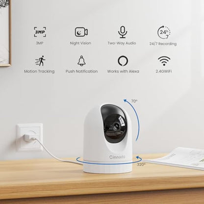 Cinnado WiFi Cameras House Security - 2K Indoor CCTV Baby Monitor Camera for Home Security Wireless 360°, Motion Tracking, Smart Siren, IR Night Vision, D1, 2 Pack