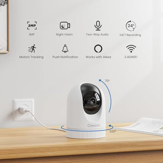 Cinnado WiFi Cameras House Security - 2K Indoor CCTV Baby Monitor Camera for Home Security Wireless 360°, Motion Tracking, Smart Siren, IR Night Vision, D1, 2 Pack