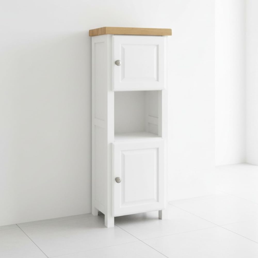 ALL WHITE Slim Cabinet Bathroom Storage, Painted White Cabinet with Natural Wood Top, Double Door, Ready Assembled (White 2)