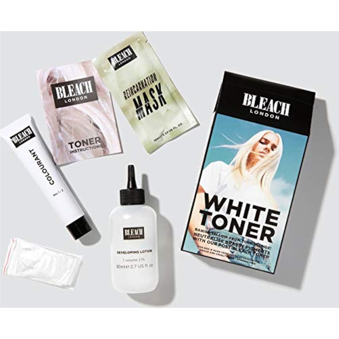 (Pack of 3) Bleach London Silver Shampoo x 250ml, White Toner Hair Kit & Silver Conditioner x 250ml