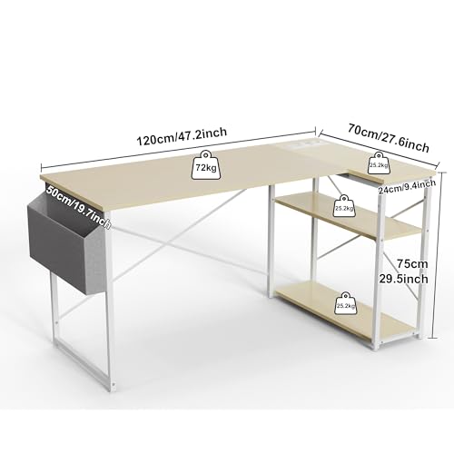 BEXEVUE Small L Shaped Desk with Power Outlets - 120x70cm Corner Computer Desk Writing Table, Reversible Large Storage Shelves, Bookshelf Workstation