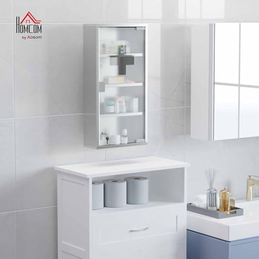 HOMCOM 4 Tier Stainless Steel Wall Mounted Medicine Cabinet Glass Lockable Door Storage Shelves Houseware Bathroom Furniture 60Hx30Wx12D(cm) w/2 Keys