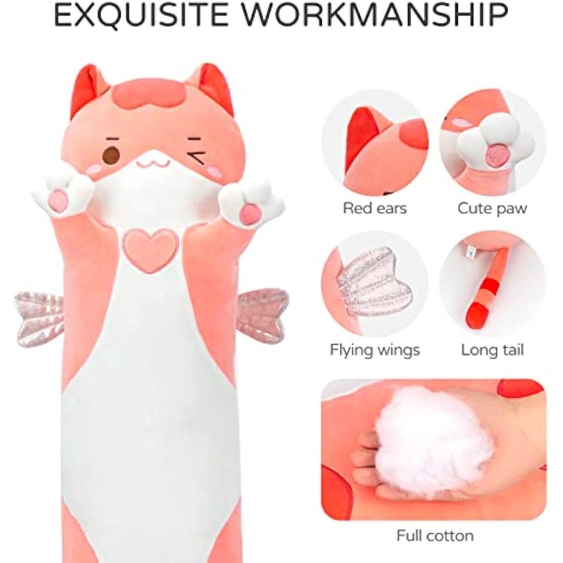 Mewaii 51in Long Cat Plush Pillows Stuffed Animals Squishy Pillows - Cute Plushie Kitten Sleeping Hugging Pillow Toys for Kids(Pink)