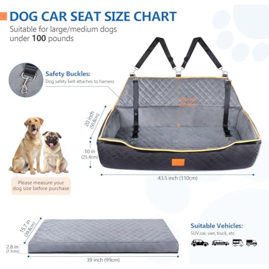 GL GLENSLAVE Dog Car Seat for Large/Medium Dog, Comfortable Dog Car Bed Pet Booster for Back Seat, Fully Detachable & Washable Dog Travel Seat with Thick Cushion (Black/Grey)