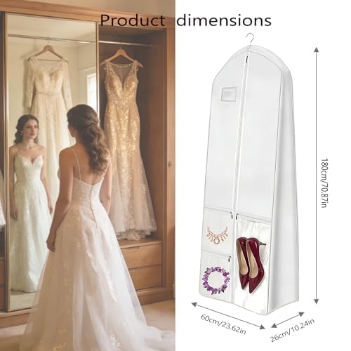 70" Wedding Dress Bag,Garment Bag Cover with 4 Pockets,Long Dress Bags for Travel Dress Cover,Hanging Storage Zip Dress Bag for Prom Dress,Bridesmaid