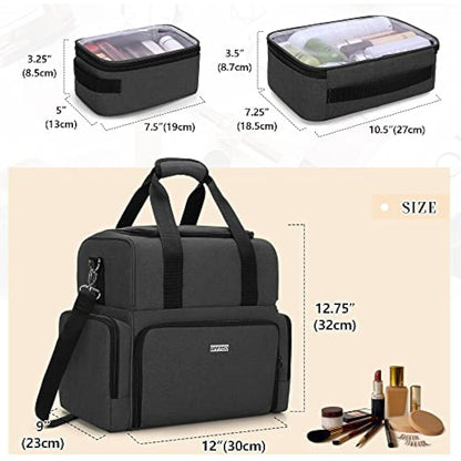 BAFASO 2 Layers Travel Makeup Bag with 3 Inner Removable Pouches, Cosmetic Bag with Detachable Dividers (Patented), Black