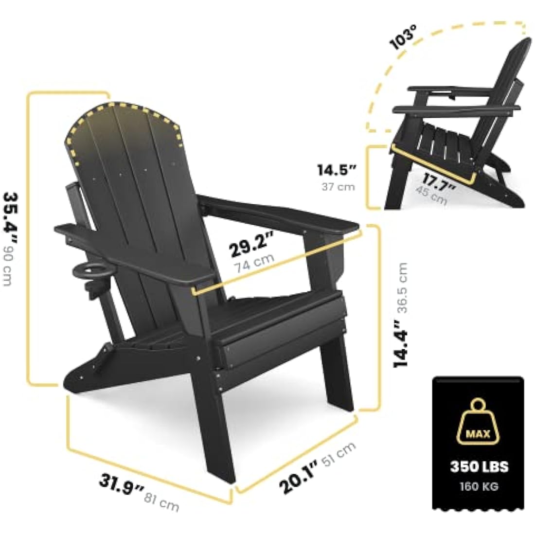 Sleek Space Adirondack Folding Chair for Garden, Patio or Deck - Arm Rests and Cup Holder - Lightweight, Weatherproof - Stylish, Durable Outdoor Furniture for Fire Pit, Beach, Poolside, Porch (Black)