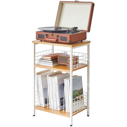 YMYNY 3 Tier End Table, Record Player Stand with Storage, Industrial Tall Side Table, Small Bookshelf, Bookcase, Display Rack, Telephone Table for Living Bedroom 40×29×62.5CM Natural Color HST009N