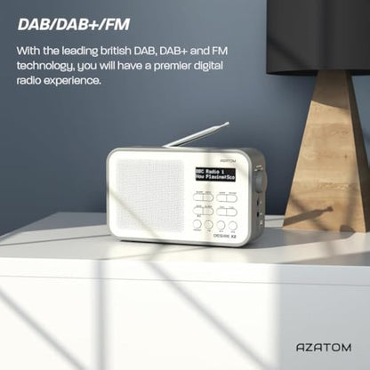 DAB/DAB+ & FM Portable Digital Radio | Simple Controls | Dual Alarms & Sleep Timer | Battery & Mains Powered (4x”AA”) | Bluetooth | Perfect for Home, Office or Outdoors | AZATOM Desire X2 (Grey)