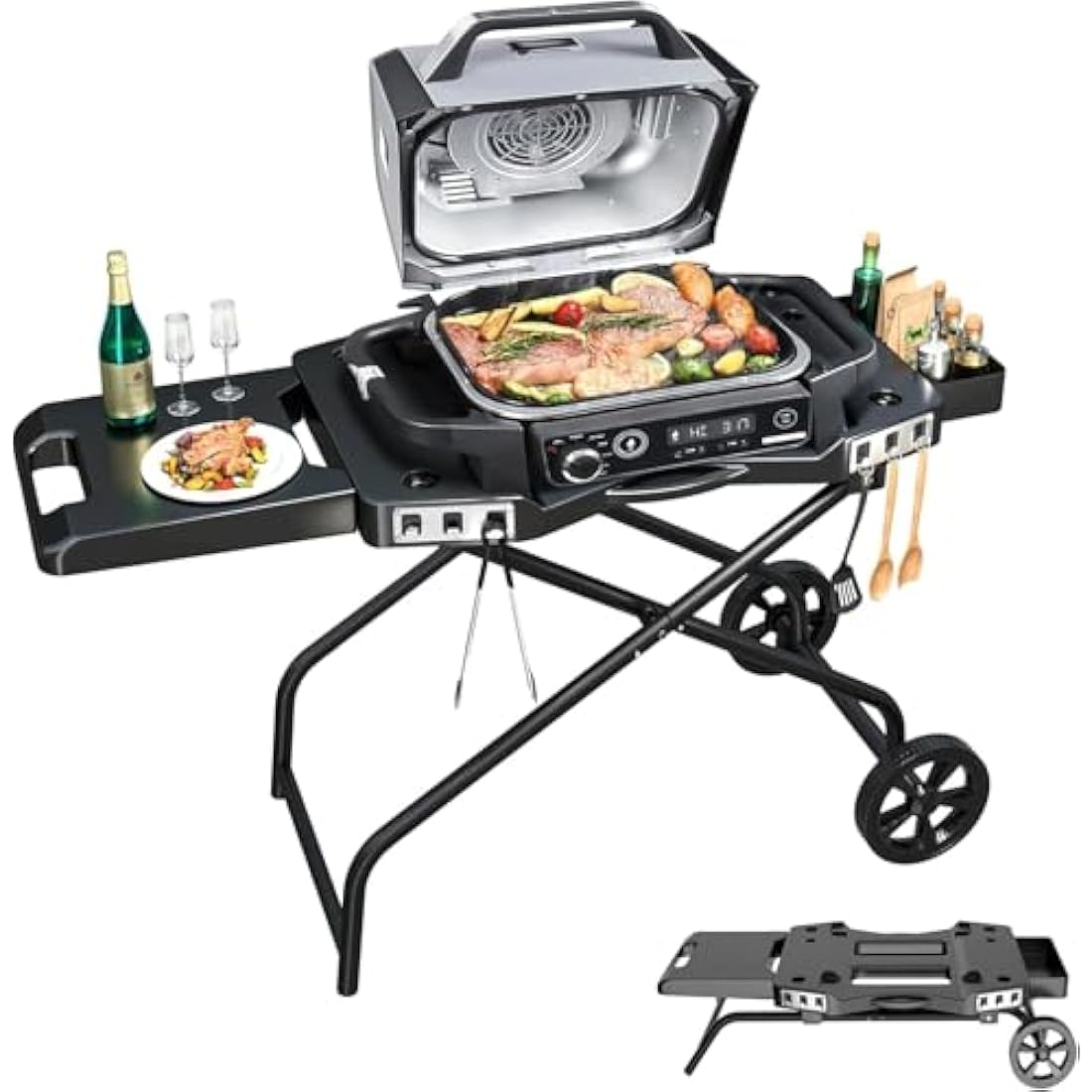 Denmay Portable Barbecue Trolley for Ninja Woodfire OG700 Series, Foldable Outdoor Grill Stand for Ninja OG701, Pit Boss 10697/10724, 57 cm Blackstone, Traeger Ranger, with Table Shelf and Basket