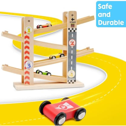 Wooden Car Ramp Toys|Zig Zag Cars Slide|Toddler Toys Wooden Race Track with 4 Wood Cars for 3 Year+ Old Boy Gifts