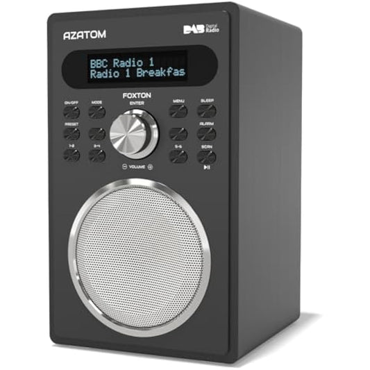 DAB/DAB+ & FM Digital Radio | Simple Controls | Dual Alarms & Sleep Timer | Mains Powered | Bluetooth | USB Device Charging | Perfect for Home, Office or Outdoors | AZATOM Foxton FX2 (Black)
