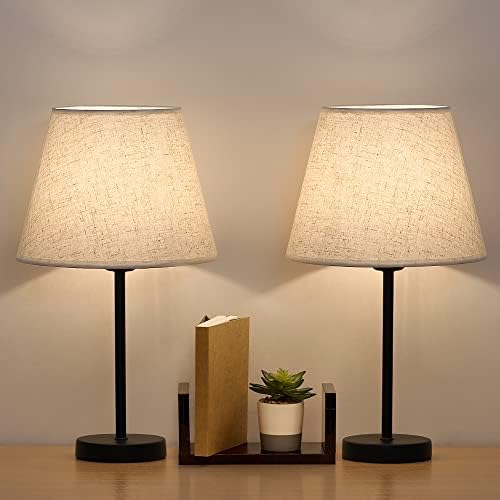 LIANTRAL Modern Bedside Lamps Set of 2, Small Desk Lamp with Linen Fabric Shades & Metal Frame, Table Lamps for Bedroom, Living Room, Office - Creamy/Black