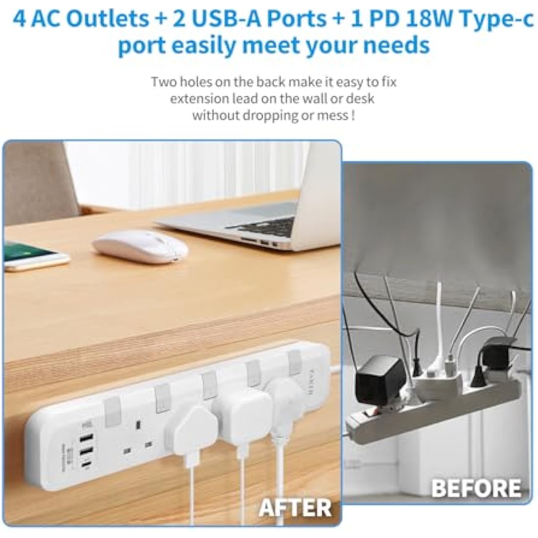 PARTH Extension Lead 5M Surge Protected Extension Cord with USB Slots,5 metre Extension Cable,4 Way UK Switched Plug Extension Socket,Heavy Duty Surge Protector Wall Mounted Extra Long Power Strip