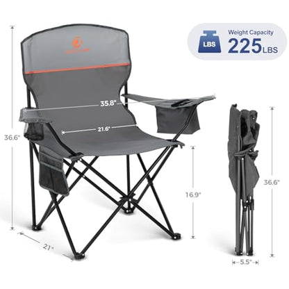 LET'S CAMP Camping Chairs 2 Pack, Set of 2 Folding Chair, Lightweight Picnic Chair with 3-Can Cooler Bag, Cup Holder,Storage Pocket, Supports 100kg (Grey)