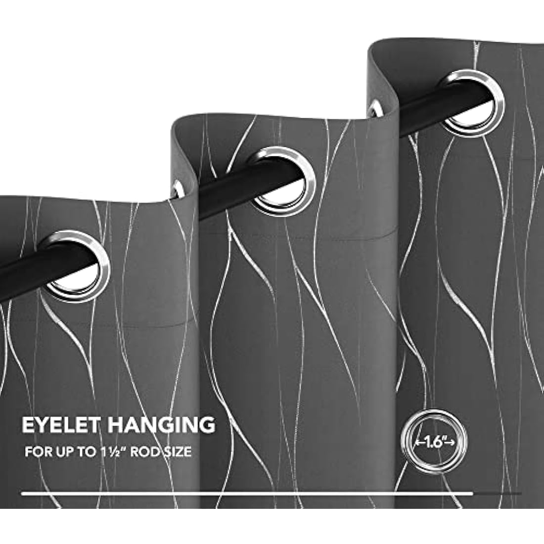 Deconovo Light grey Eyelet Curtains 66 x 54 Inch, Thermal Insulated Blackout Curtains, Silver Wave Line Foil Printed Curtains for Bedroom, 66 x 54 Inch(Width x Length), 2 panels