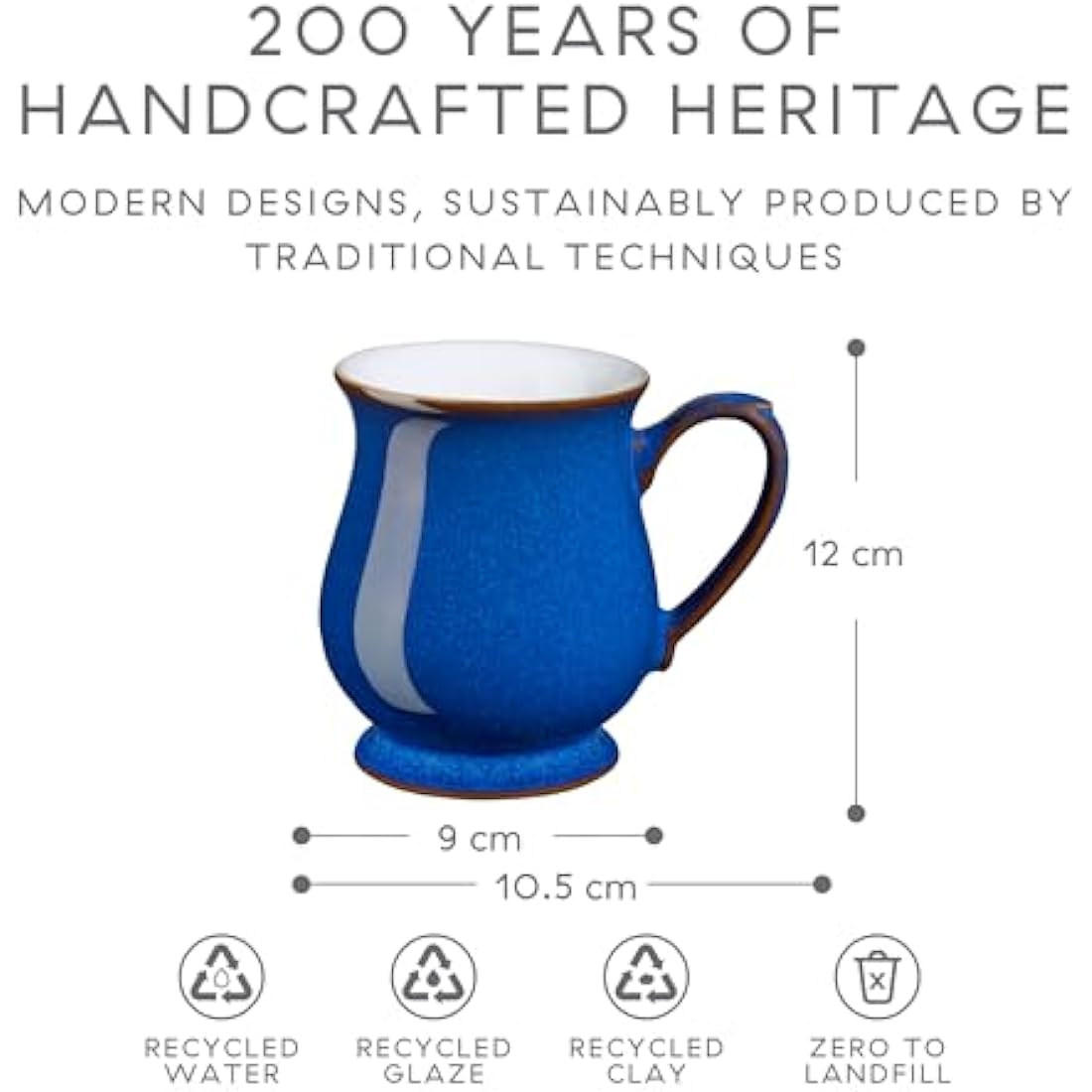 Denby - Imperial Blue Coffee Mug Set of 2 - 340ml Craftmans Curved Stoneware Ceramic Tea Mug Set For Home & Office - Dishwasher Safe, Microwave Safe - Blue, White, Brown - Chip Resistant
