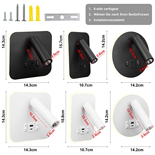 uksunvi LED Reading Lamp Wall Lamp USB Type-C Two Charge Mouth Switch Adjustable 12W LED Spotlight 3000K Wall Lamp Aluminum Bed Lamp Rotatable (Square