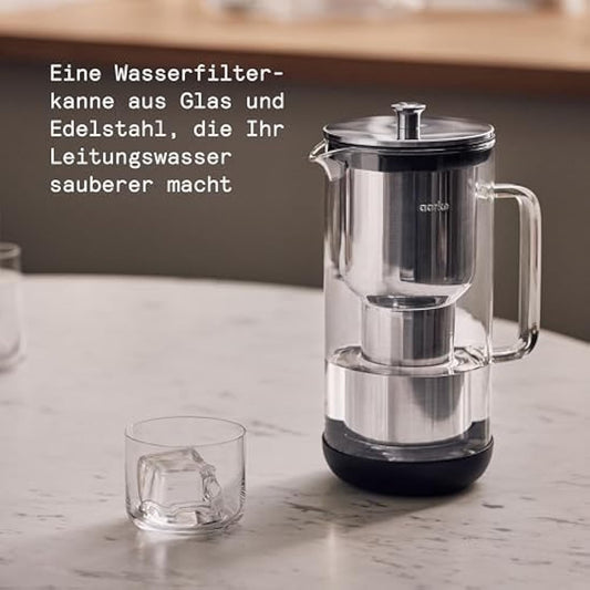 Aarke Purifier Water Filter Jug 1.2L/5 cups Glass & Stainless Steel – Includes Pure Filter Refill Bag