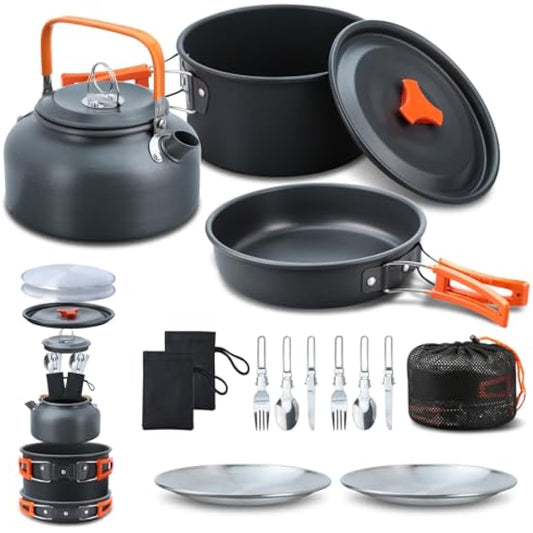 Lixada Camping Cookware Kit, 16pcs Camping Pot Camping Pan Camping Kettle with Stainless Steel Plates Forks Knives Spoons for Outdoor Cooking and Picnic for 1-2 People