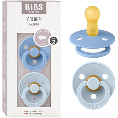 BIBS Colour Soother 2-Pack, BPA Free Dummy Pacifier, Round Nipple. Natural Rubber Latex, Size 2 (6-18 Months), Sky Blue/Baby Blue