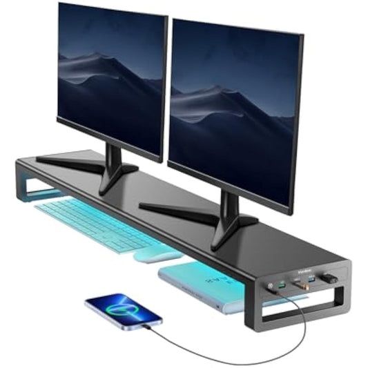 VAYDEER Dual Monitor Riser With 3 USB 3.0 Ports, Metal Desk Computer Stand for 2 Monitors, Office PC Screen Shelf for Laptop, iMac, Printer up to 32 Inches - Black