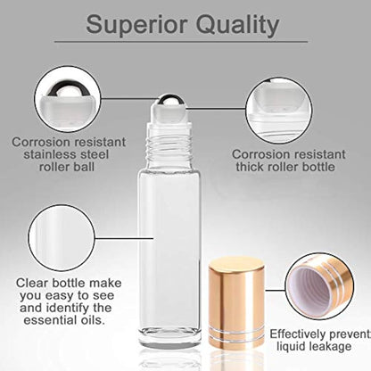 Yalbdopo 10pcs, 10ml Essential Oil Roller Bottles - Refillable Transparent Glass Roll-on Bottles with Stainless Steel Roller Balls & Gold Cap, Includes 12 Labels, Dropper & Opener