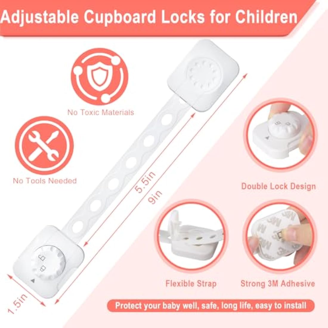 REDTRON Adjustable Cupboard Locks for Children, 6 Pack Baby Safety Drawer Latch, Child Locks for Cabinets, Drawer, Closet, Fridge, Refrigerator, Trash, with Upgraded Adhesive Double Lock System(White)