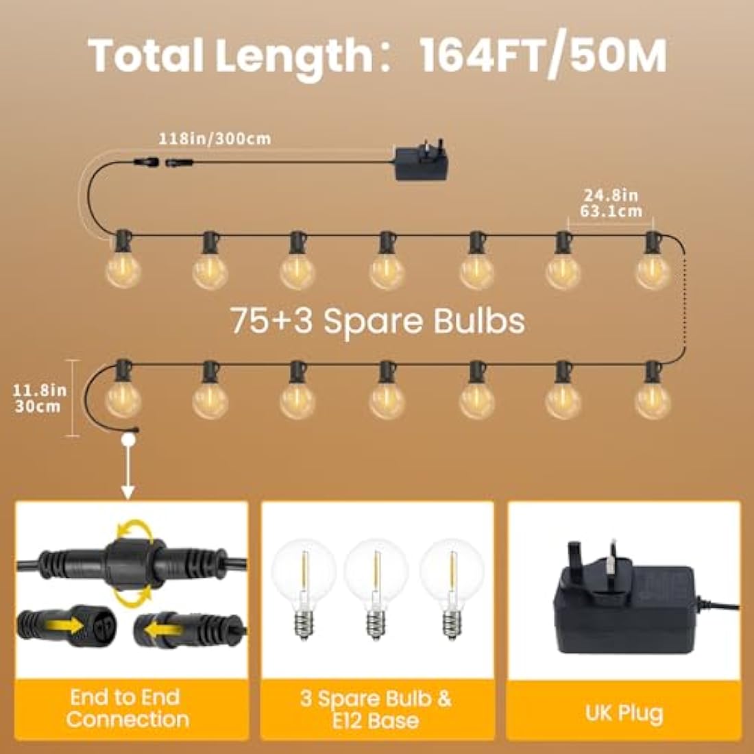 Yuusei Festoon Lights Outdoor Lights, 164FT/50M Garden Lights Mains Powered, IP45 Waterproof String Lights, 75+3 G40 LED Shatterproof Bulbs for Outside Fence Patio Gazebo Party Pergola