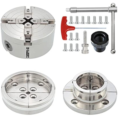 DEEFIINE 4 Inch Wood Lathe Chuck Set 1" x 8 tpi Thread & 3/4" x16TPI Adapter, Nickel Plated Self Centering 4 Jaw Wood Turning Chuck Set (2PCS Jaws)
