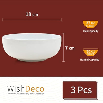 WishDeco Large Soup Bowls Set of 3, Ceramic Salad Bowls 1100ml, White Pasta Bowl, Serving Bowl for Noodle Ramen, Fruit, Dessert, Cereal