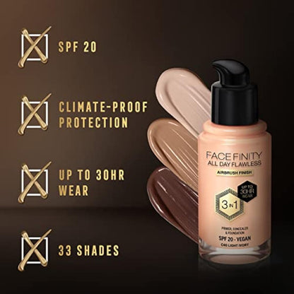 Max Factor Facefinity 3-in-1 All Day Flawless Liquid Foundation, SPF 20 - 40 Light Ivory, 30 ml