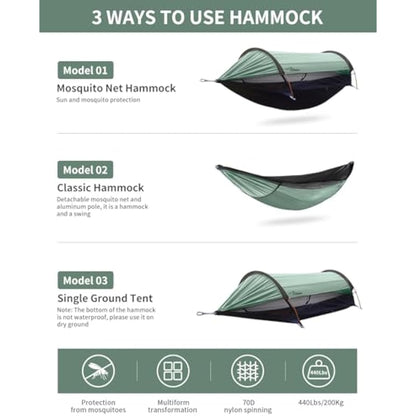 Travel Bird Camping Hammock Tent with Mosquito Net and Sunshade, 290 * 140CM Extra Large Space, Multi-mode Lightweight Hanging Hammocks Tree Straps Swing, Ground Tent for Outside, Hiking