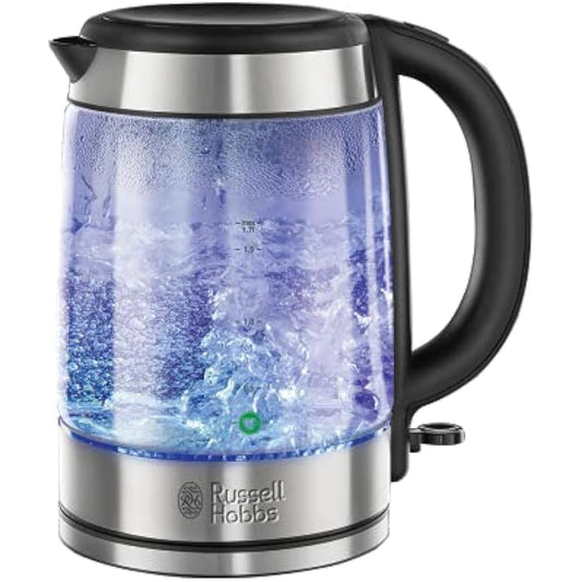 Russell Hobbs Illuminating 1.7L Electric Cordless Glass Kettle with black/brushed stainless steel accents (Fast Boil 3KW, Washable anti-scale filter, Button to open lid, Perfect pour spout) 21600-10