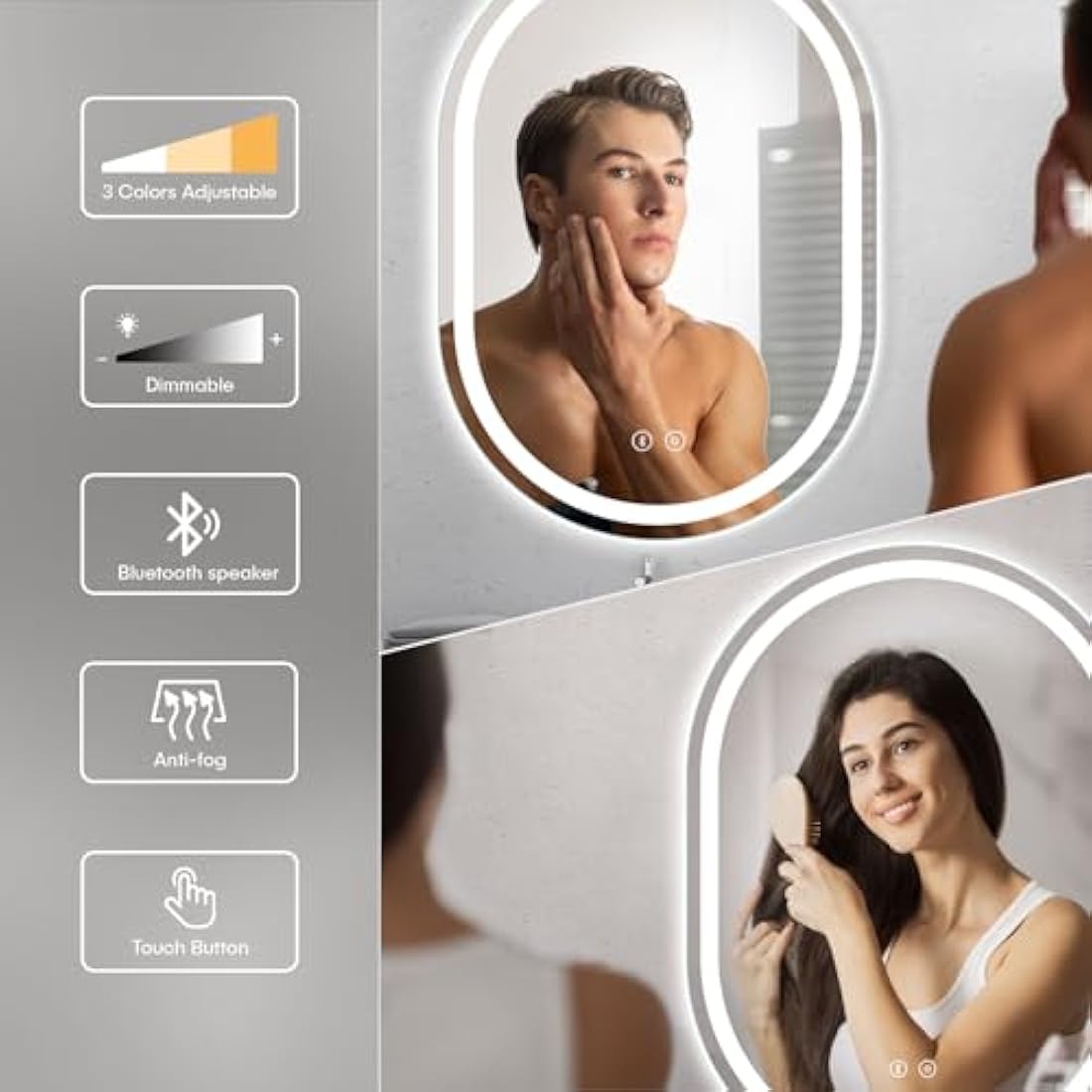 Dripex 500 x 700 mm Bluetooth Oval Bathroom LED Mirror, Illuminated Backlit Wall Mounted Mirror with Demister, Anti-fog, 3 Lighting Modes, Dimming Light, IP44
