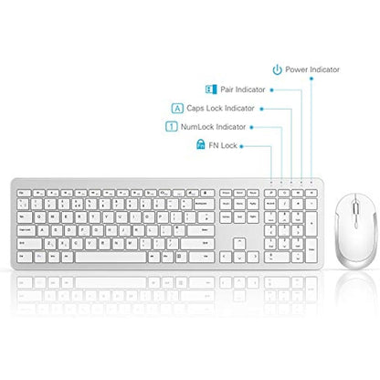 seenda Wireless Keyboard and Mouse Set, SK38 Ultra Slim Quiet USB Wireless Keyboard and Mouse Full Size QWERTY UK Layout with Numeric Keypad for Windows PC, Laptop, Computer, White and Silver