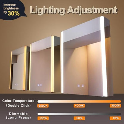 KWW LED Mirror Medicine Cabinet with Lights, LED Medicine Cabinet w/Defogger, Dimmer, 3 Color Light Makeup Mirror (55 x 70 cm)