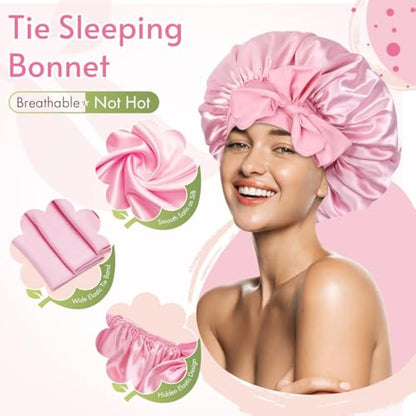 BONNET QUEEN Silk Bonnet for Sleeping for Curly Hair, Satin Bonnet Hair Wrap for Women & Men, Adjustable Silk Scarf Night Cap with Tie Band, Pink