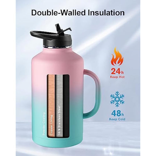 Trebo Insulated Water Bottle 2L, Metal Bottle with Handle Stainless Steel Metal Large Jug Travel Flask with Straw Spout Lid Mug Tumbler Cup with Carry Pouch Keep Cold Hot, Pink